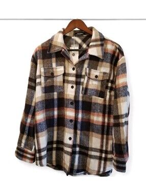 Women's XS New Navy & Cream Plaid Fleece Oversized Shacket Button Down